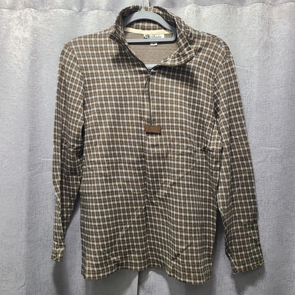 Babe Didrikson Brown Plaid Quarter-Zip‎ Shirt Vintage Made In ITALY M